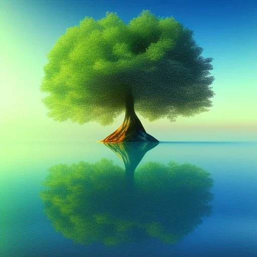 Psychedelic tree in the middle of a giant lake with a naked woman swimming in the lake