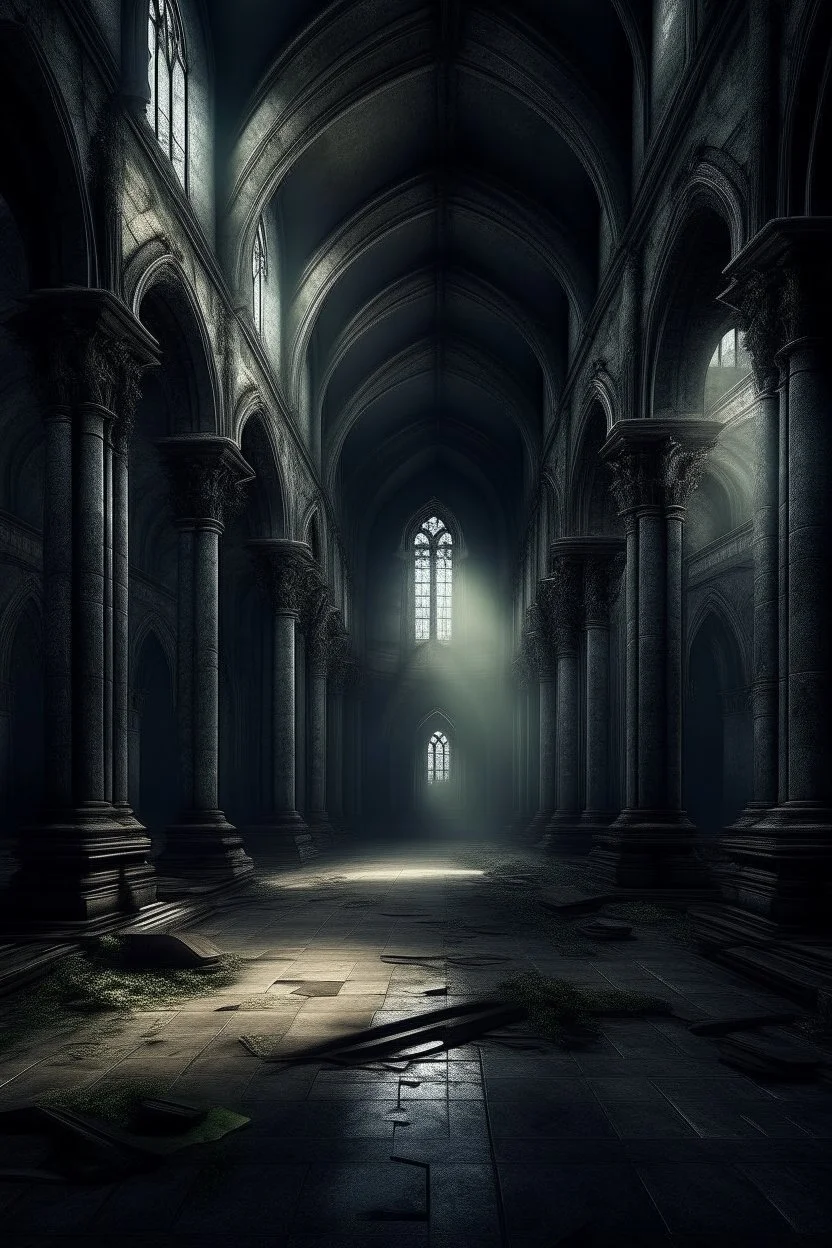dark fantasy art of a medieval abandoned hall