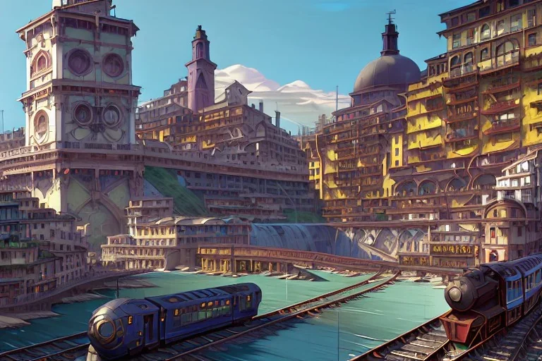 Train+Close up Train head+ corner metro station+Elevated Train pass+trains+corner building on sea+riomaggiore+corniglia+genoa street+Italian medieval town+sea+alphonse mucha, greg rutkowski,matte painting, cryengine, hyper detailed, felix kelly, fantasy art, seb mckinnon