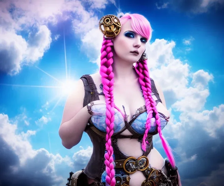 Very sensual gorgeous curvy young white woman pink hair maiden dressed in blue posing sensually with plaits, and with a skull in her hand, background of ancient marble Roman arcs heavenly sunshine beams divine bright soft focus holy in the clouds steampunk engine steampunk engine.