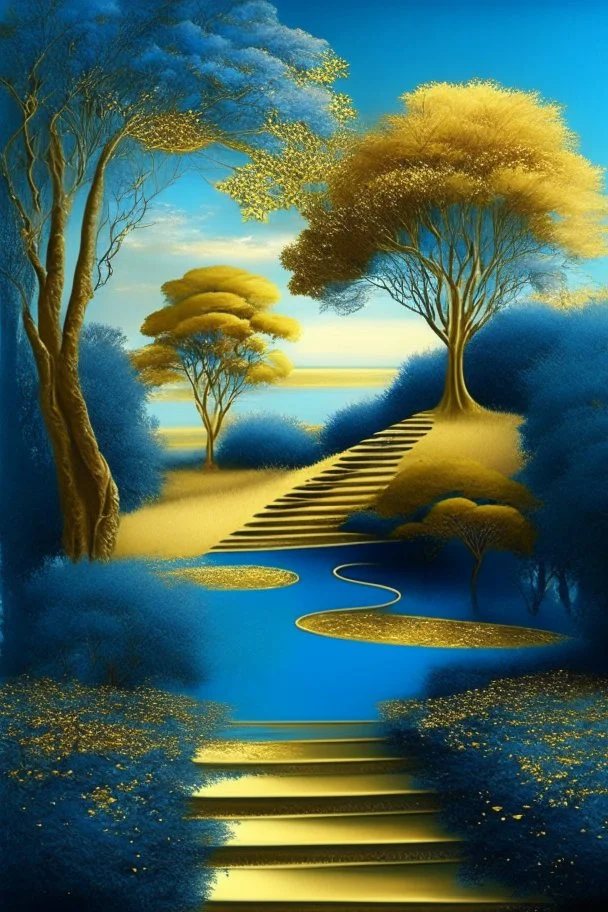 garden sky field trees river pools gold gold blue stairs