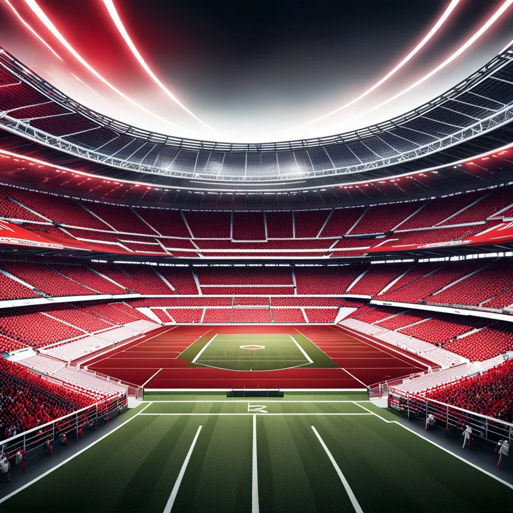 Imágen de arte lineal de un estadio de futboll, calidad ultra, hiperdetallado, 8k, color rojo y blanco