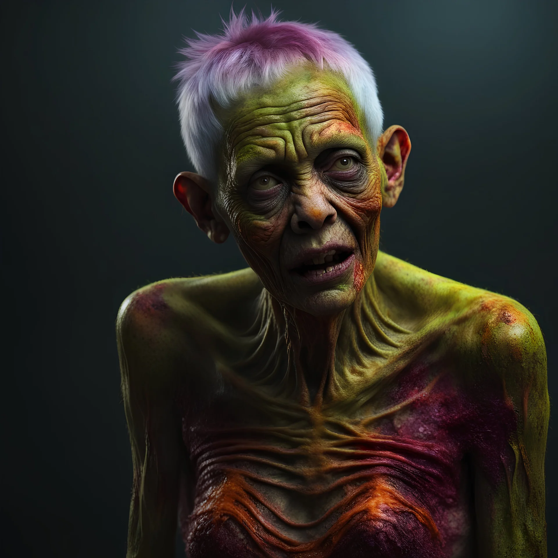 An amusing parody, an old, decomposing zombiegorillawitch with 1st degree burned skin and pixie-cut hair, wearing rotting underwear, 4k, 8k, 32k UHD, Hyper realistic, extremely colorful, vibrant, photorealistic, realistic, sharp, highly detailed, professional quality,