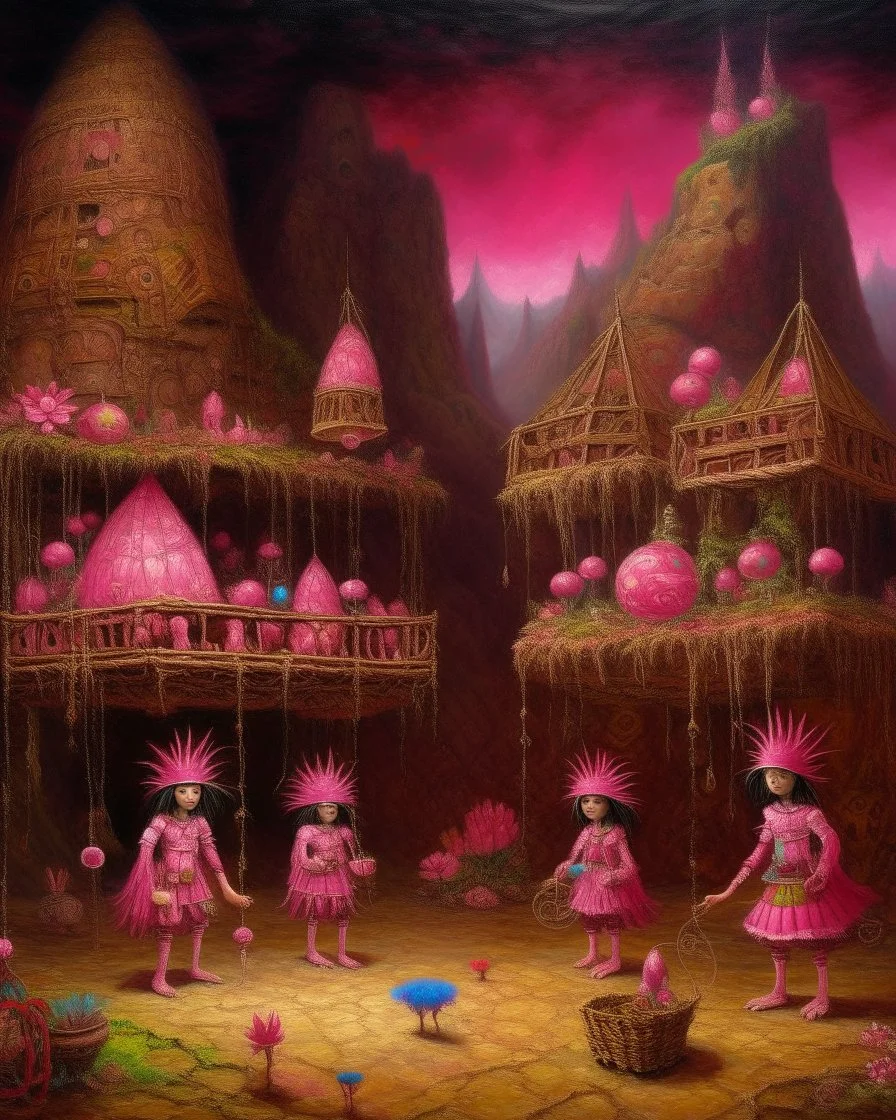 A pink tiny cybernetic fairy kingdom designed in Navajo baskets painted by Gustave Courbet