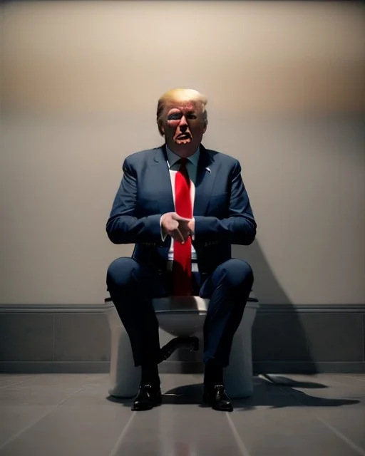 Donald Trump sitting in toilet scene, pants down, realistic image, hooper style, concept art, smooth, unreal engine 5, god lights, ray tracing, RTX, lumen lighting, ultra detail, volumetric lighting, 3d.