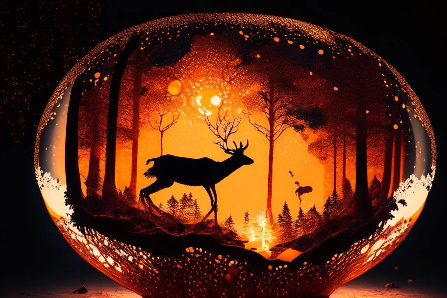 a globe made of glowing orange-red salt material covered in gold lace, about 60% of which is visible, with a glowing light inside, double exposure, in the foreground a black silhouette of a deer jumping dynamically, in the background a landscape with a beautiful forest and a waterfall in the sunlight