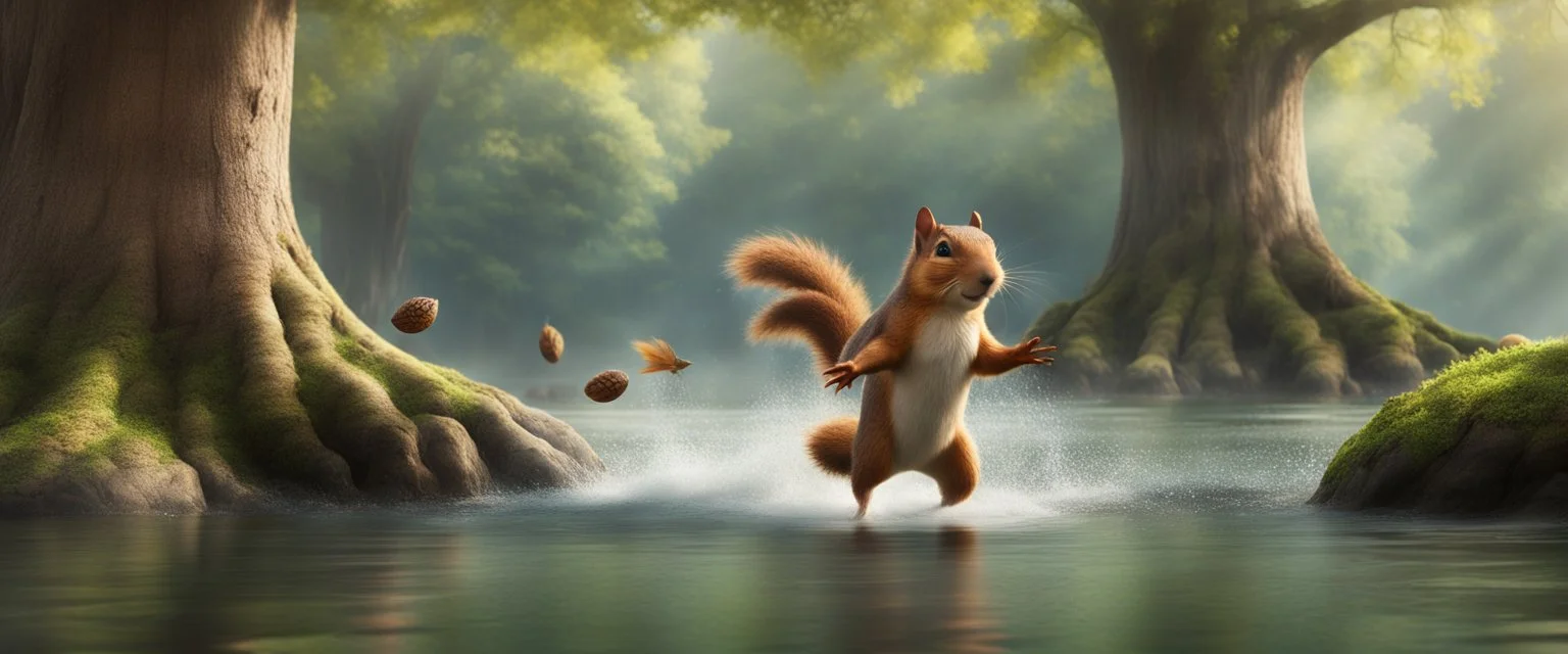 Finn's paddling like crazy, I'm laughing so hard I'm paddling backwards We arrive at Squirrel Island – Bigalow leaps out, does a victory dance, and then... Starts digging like a maniac near the base of the oldest oak tree Finn whispers to me: "Think he knows the acorns are guarded by Squirrelzilla..." Suddenly, a fierce chattering noise echoes – A GIANT SQUIRREL EMERGES, EYES FIXED ON BIGALOW!