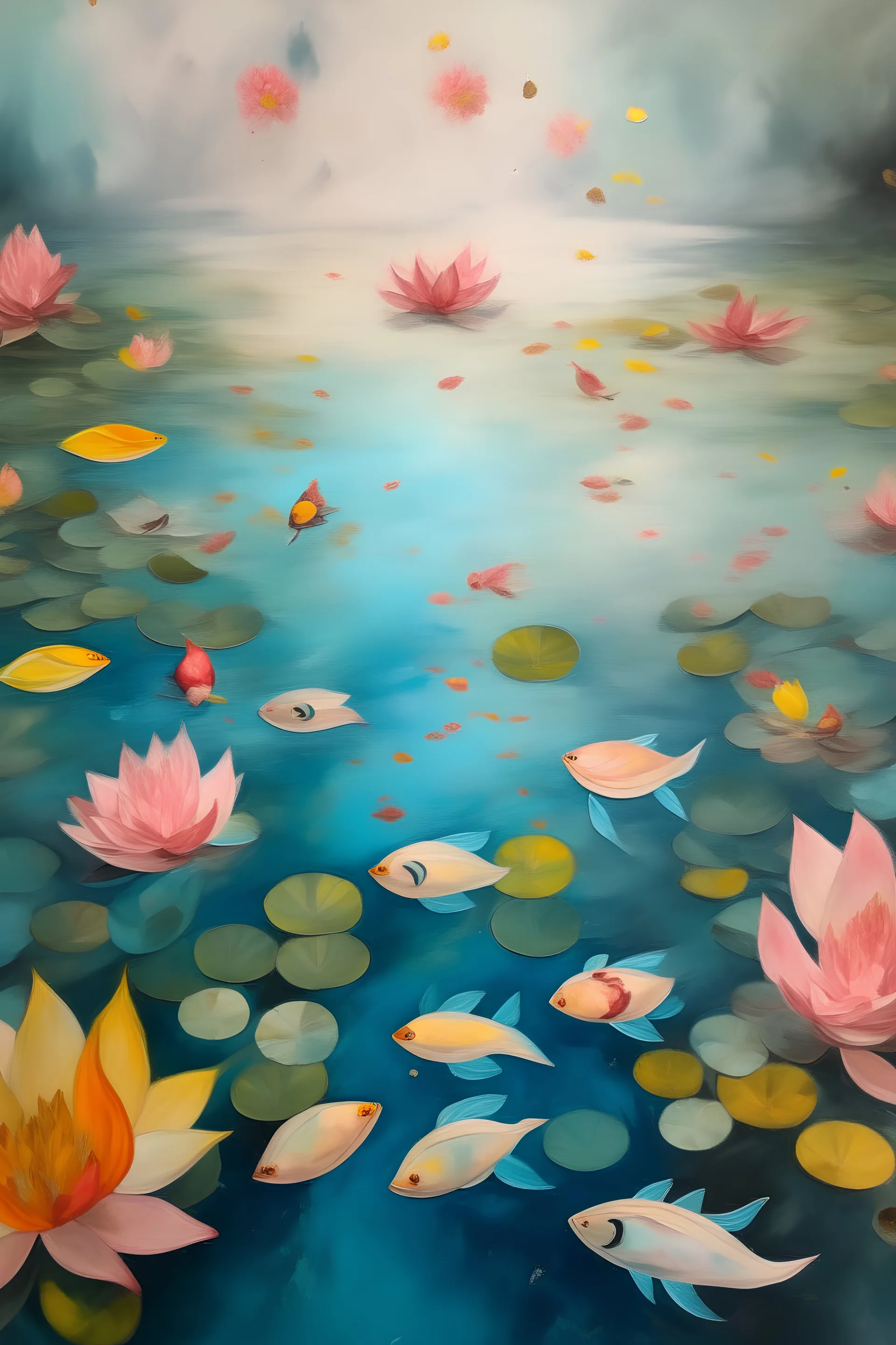 Painting of flower petals on the water and tiny fish underwater, birds eye view, soft colors