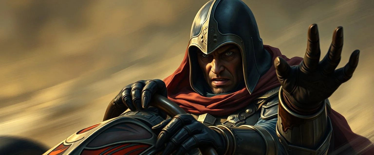 gokart mozart illithid crusader with gloves bewildered looks beyond really powerful, fantasy illustration in the style of Rembrandt, motion blur background