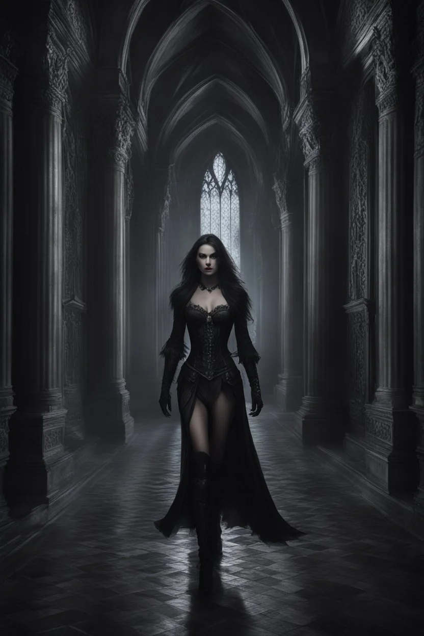 Photography Realistic Beautiful gothic woman walking at darkness palace follow behind surrounding werewolves