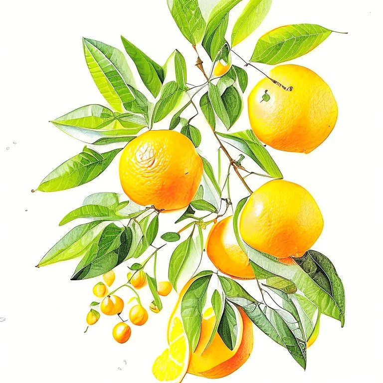 Drawing of citrus fruits, branches with leafs oranges realistic, colors, vibrant, white background, structured paper