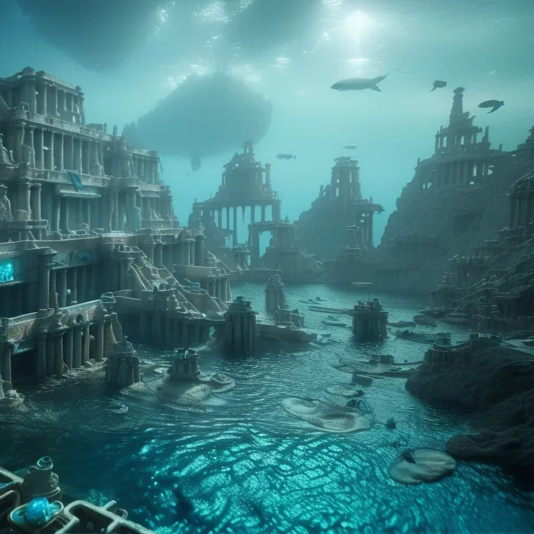 sunken underwater city of atlantis , fish swimming around, highly detailed, cinematic, ultra photorealistic, ultra realistic, volumetric lighting, sun shafts