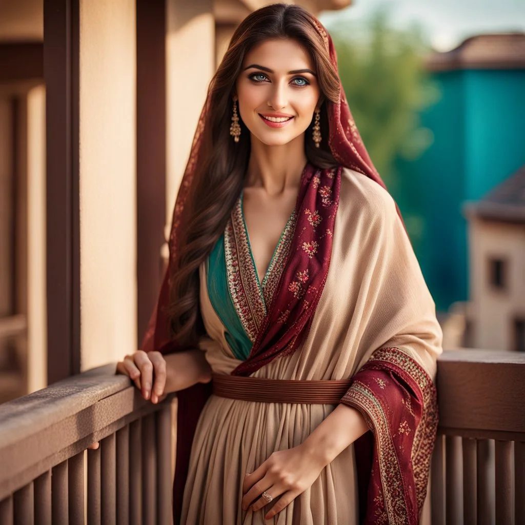 Hyper Realistic Photographic-Outside-View of Beautiful Happy Young Pashto Woman with having-Beautiful-green-&-blue-eyes & long-dark-brown-hair wearing brown-embroidered-beige-dress-with-maroon-shawl standing on balcony showing dramatic & cinematic ambiance.