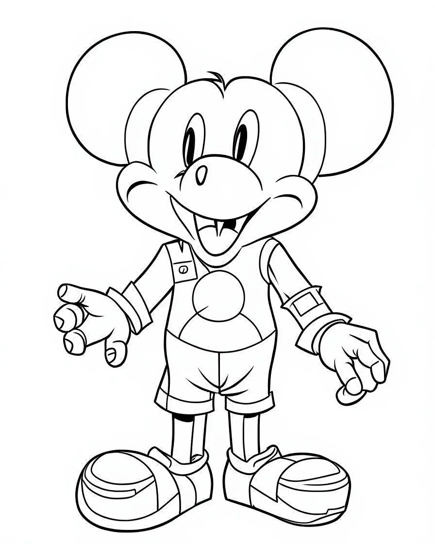 outline art for Mickey Mouse coloring page, Japanese manga style, cartoon style, cute face, white background sketch style, full body is a must, only use outline, clean line art, no shadow, bold outline