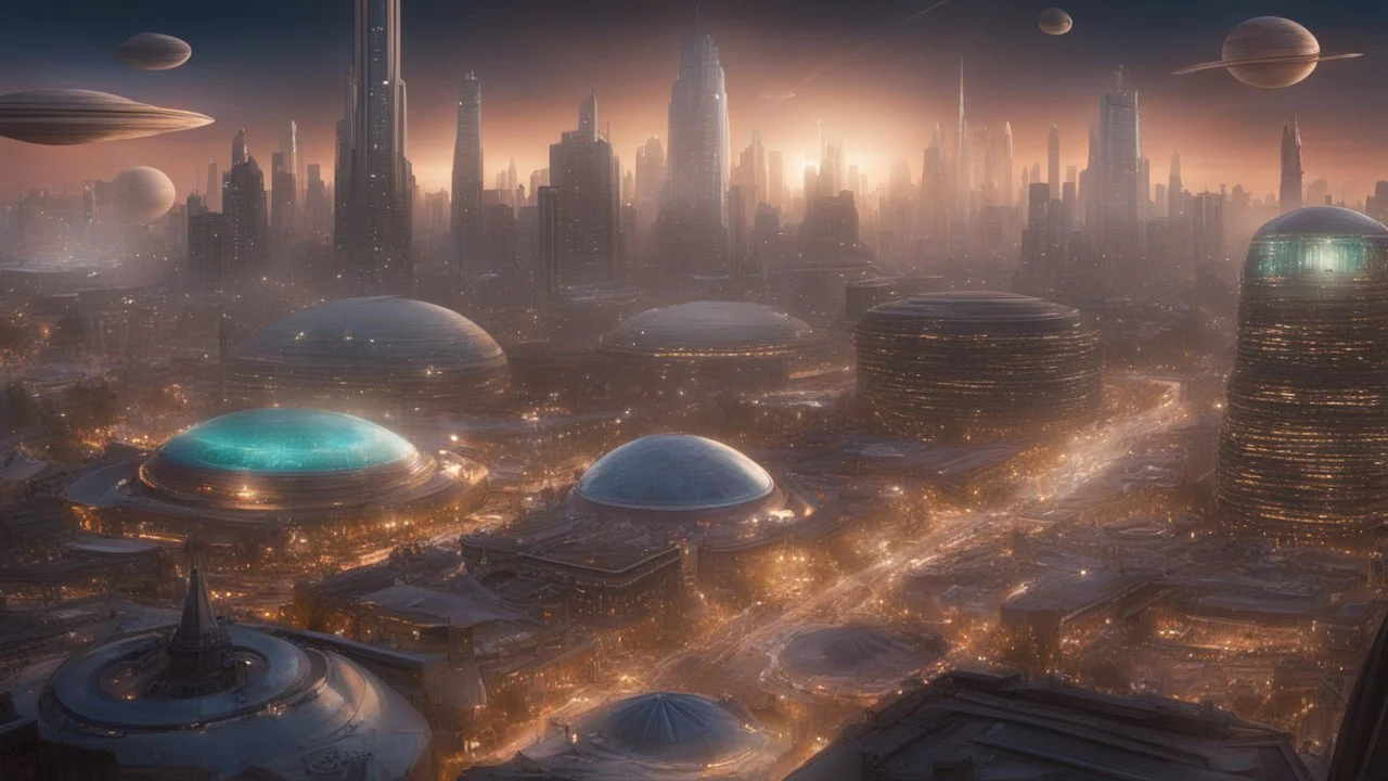 Wide-angle photorealistic sci-fi cityscape of unearthly delights in the multiverse