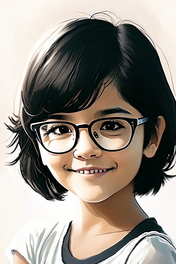 a 9 year old girl which has black short hair up to her shoulders smile white backround orrange glases