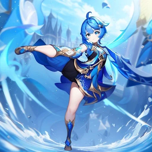 Clear focus,High resolution, Vibrant short blue hair, Vibrant blue eyes, Genshin impact inspired outfit, wearing a short skirt, kicking pose, full body