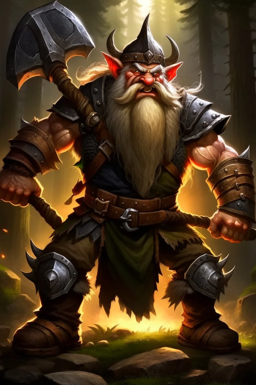 gnome warrior enraged fury berserker fantasy barbarian armored wild savage angry axes cleaver attack striking swinging chopping dual wielding two weapons mad consumed warcraft war knight soldier strong attacking