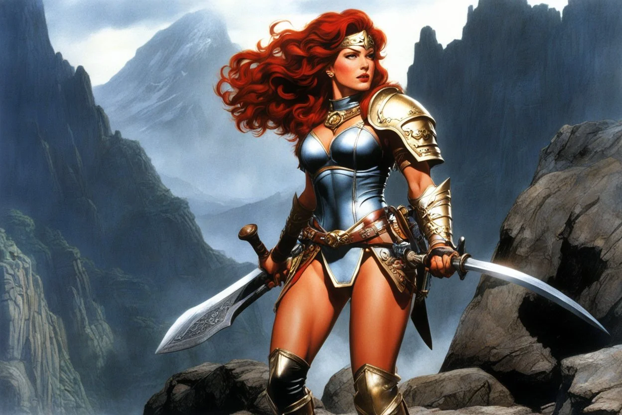 (in the style of Orion, by Masamune Shirow) (photo from a movie by Ray Harryhausen) YRed Sonja, tall, splendidly shaped,. From under a steel cap escaped rebellious tresses that rippled red gold in the sun over your compact shoulders. High boots of Cordovan leather came to your mid-thighs, which are cased in baggy breeches. She wears a shirt of fine Turkish chainmail. She has a dagger, and long Hungarian saber. Over all was carelessly thrown a scarlet cloak.