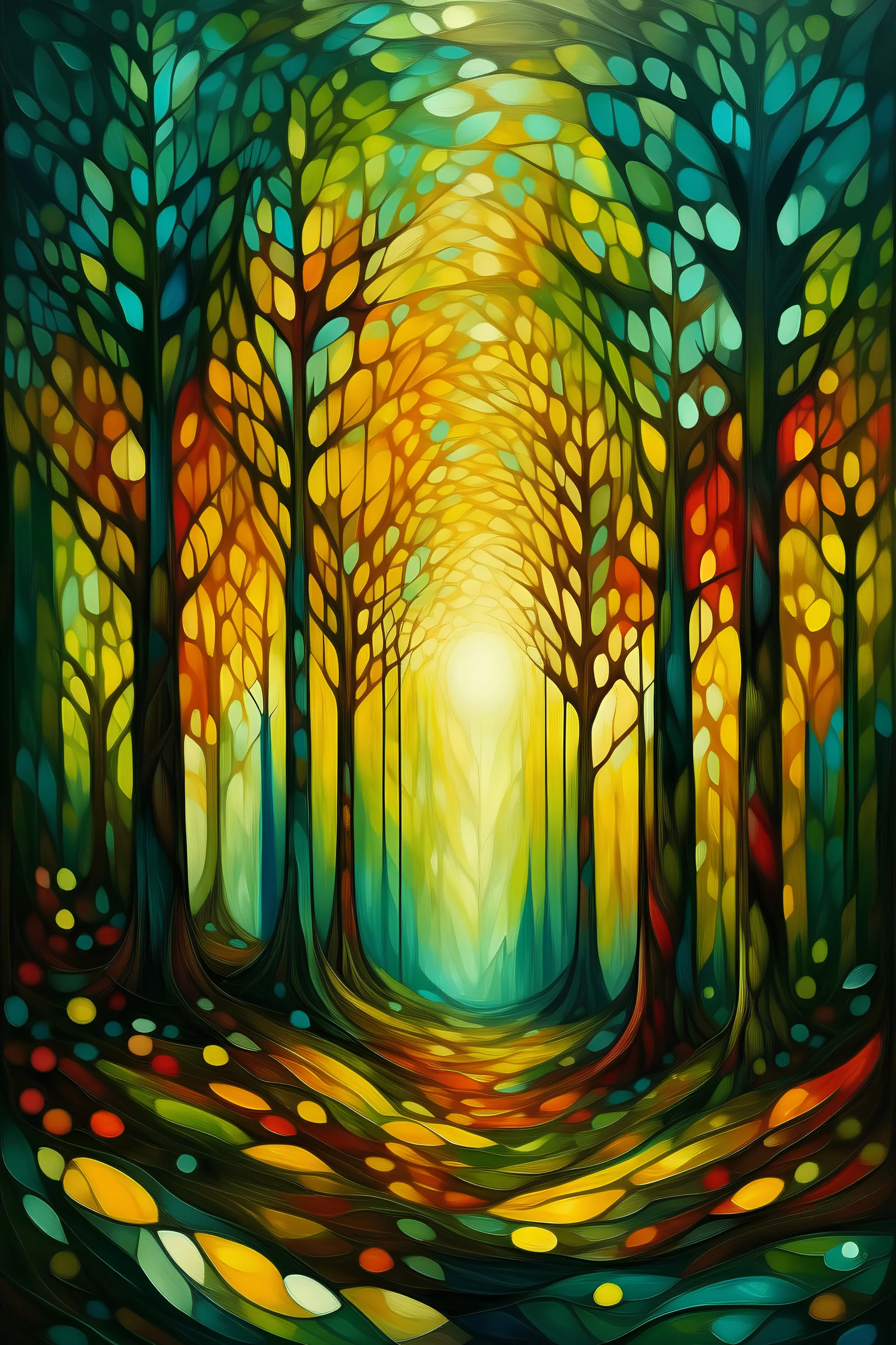 abstract forest with a chest full of light in the style of bejamin Lacombe