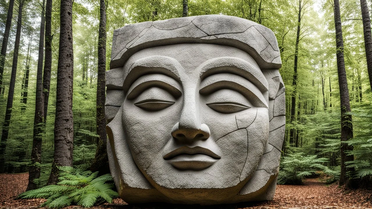 large stone carving of a face in the forest