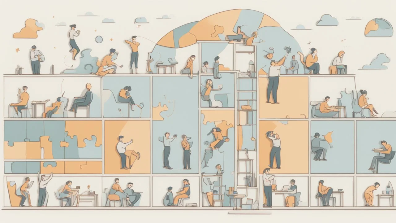 صورة تجسّد رمزية "بناء العادات اليومية الناجحة"، حيث تصور شخصًا يقوم بوضع قطع اللغز في مكانها لتشكيل صورة مكتملة. هذا يرمز إلى عملية تكوين وتطوير العادات الإيجابية خطوة بخطوة لتحقيق الإنتاجية وزيادة مستوى السعادة في الحياة اليومية.