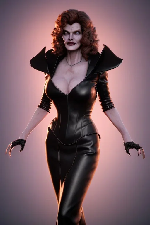 Rene Russo as evil queen in black leather gown, angry, busty, curvey, cleavage, unreal 5, octane render,cinema4d, dynamic lighting, dramatic lighting, 4k, redshift render, highly detailed, hyper realistic