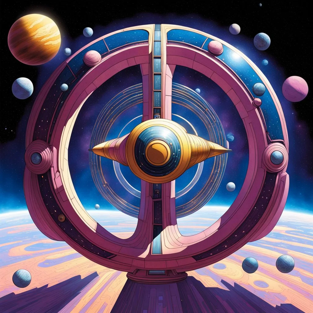 the starship "TAA II" is the size of a solar system and belongs to Marvel's Galactus, it is shaped like a Mobius strip, winding and looping upon itself, with Jack Kirby design elements, in space with small planets within, add color and texture