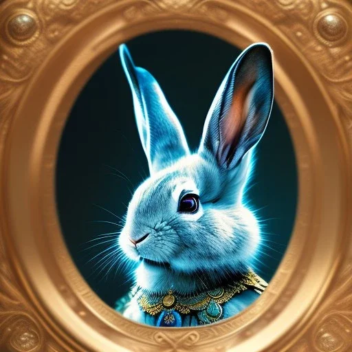 fantasy magic, sharp focus, illustration, highly detailed, digital painting, concept art, art germ and Paul Lewin and Kehinde Wiley, masterpiece silver rabbit head bronze turquoise golden waves