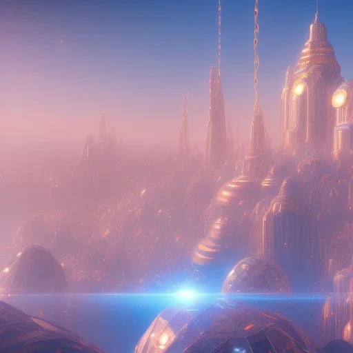 a crystalised transparent futuristic city suspended in the air, gold, diamonds, lightbeams, sunny atmosphere, realistic, unreal engine, 8k. Cinematic lighting, octane render.