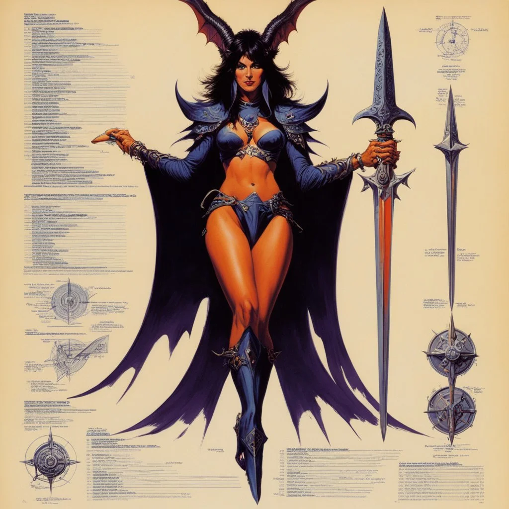 ConceptSheet [by Bruce Pennington]: woman wizard succubus and her dagger with AD&D statistics