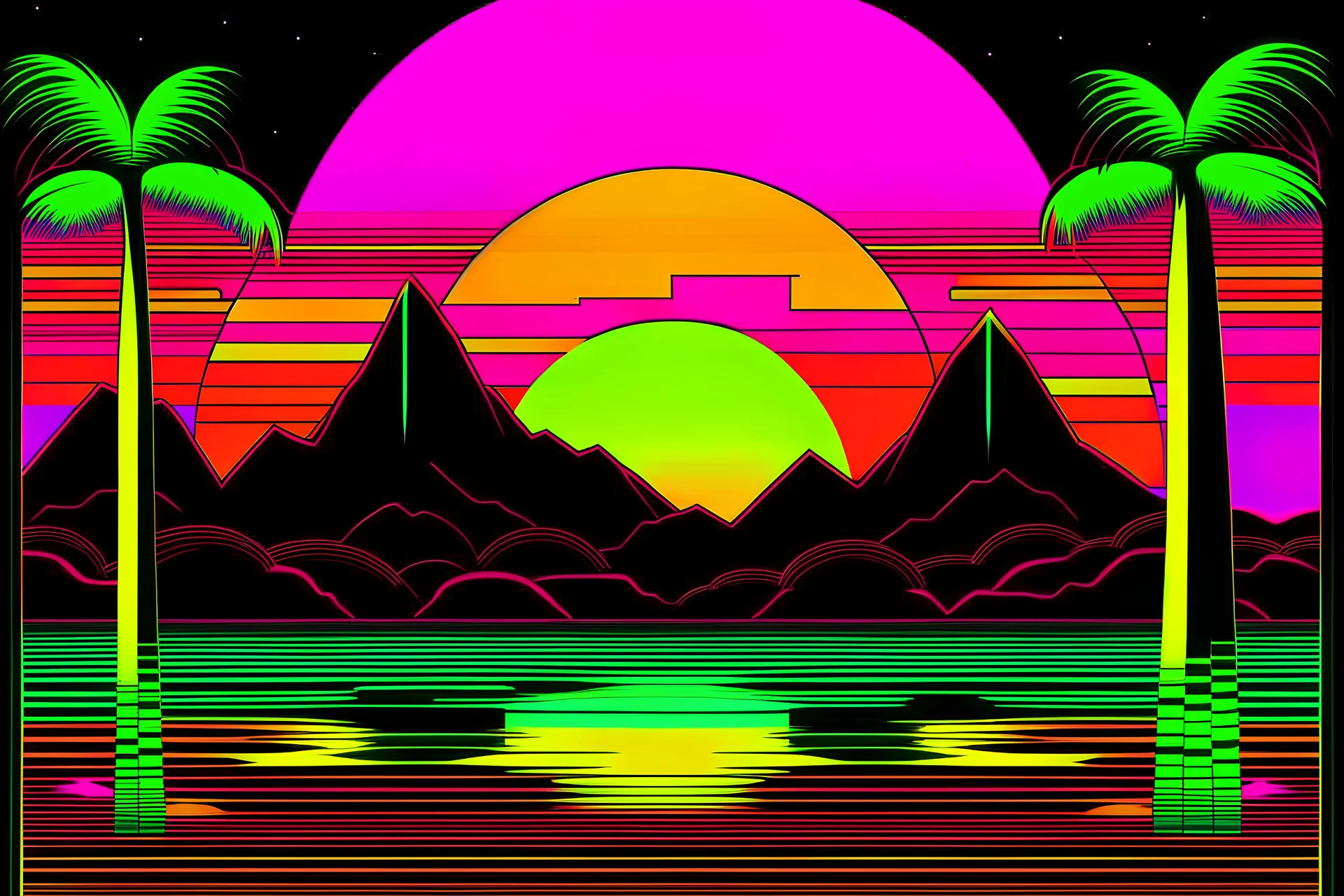 80s neon sunset with yellow, green, pink and orange