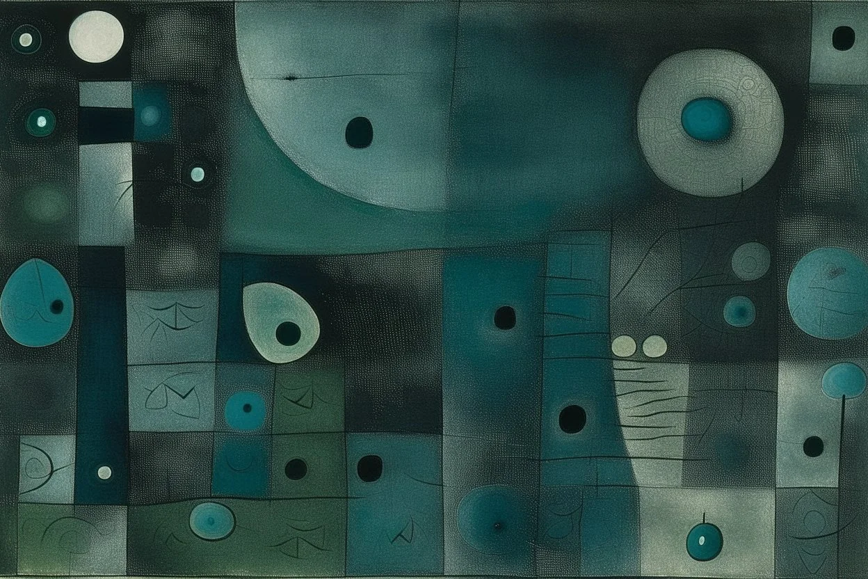 A dark grayish teal outer space of shadows painted by Paul Klee