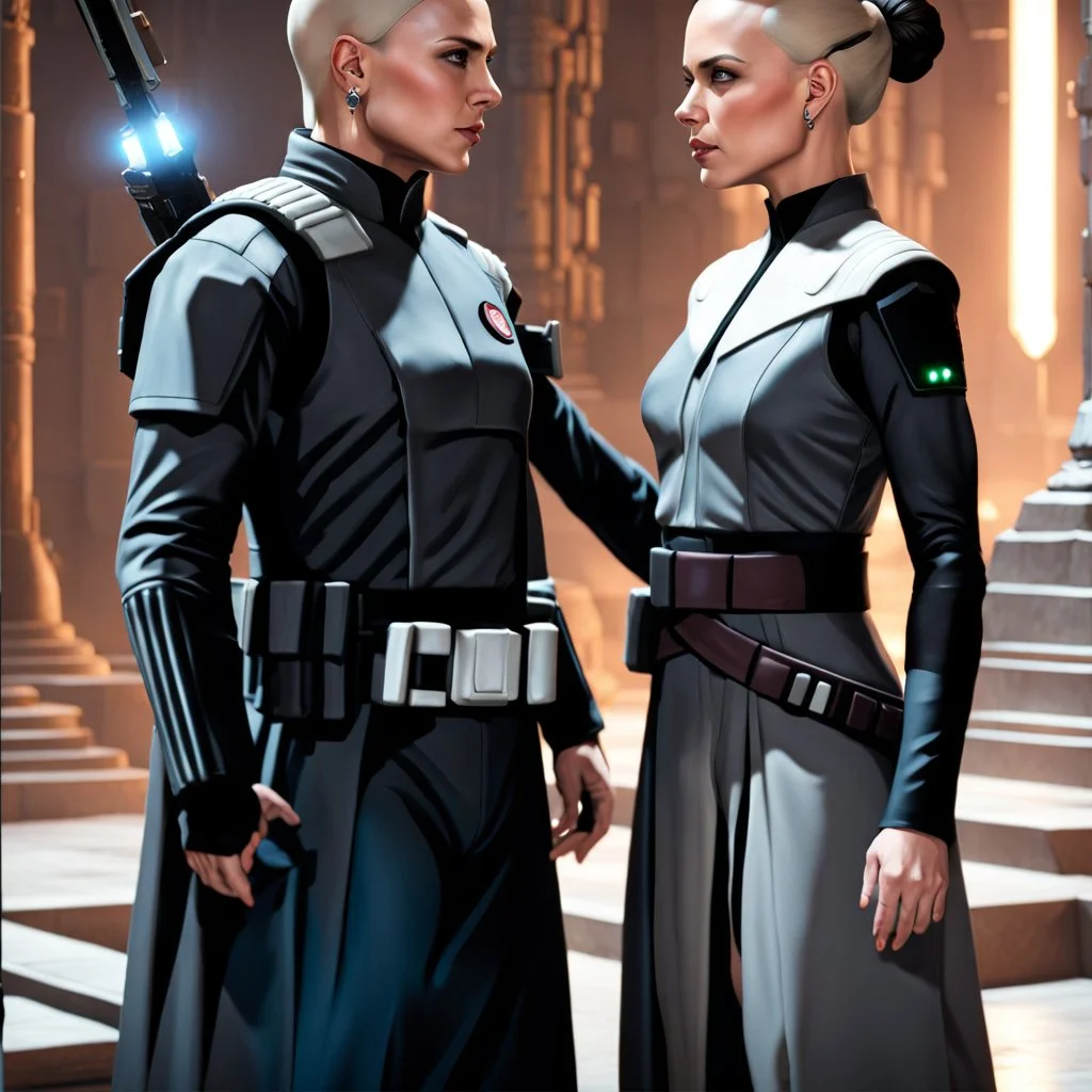 a bold and heroic bald male Corellian pilot in black and grey First Order special forces gear meets a female Jedi Master in ancient, mystical temple, hyperdetailed, dynamic lighting, hyperdetailed background, 8k resolution, volumetric lighting, light skin, fully symmetric details