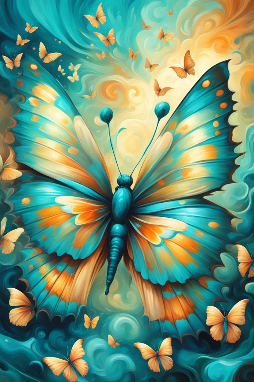 vibrant psychedelic oil painting image, airbrush, 64k, cartoon art image of background TEAL and BEIGE BUTTERFLIES , futurism style