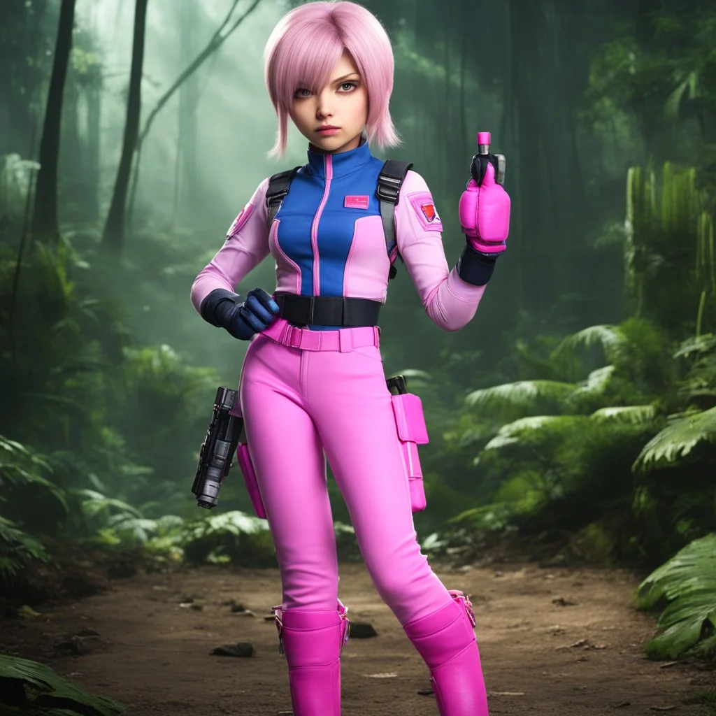 in jungle [Jill Valentine in Resident Evil (Biohazard in Japan)] lola loud from the loud house at age 74 as Jill valentine wearing her pink battlesuit Pink gloves and Pink high heel boots