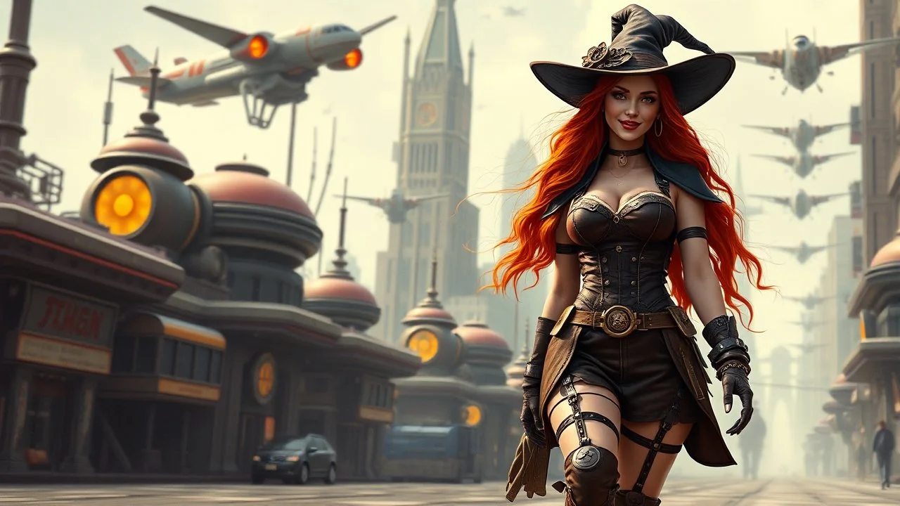 A photorealistic image of a red-haired, slender, witchy woman, winking and smiling, in a one-piece steampunk outfit with boots, walking through a futuristic city with flying machines.
