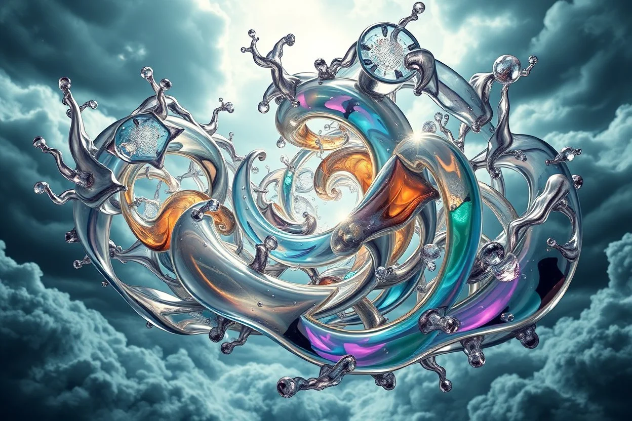 Dynamic complex hypnotic fractal 3D structures twisting and morphing between organic and geometric forms, smooth translucent iridescent glass with inner glow and bubbles, varied transparent materials, stormy skies, intense dramatic