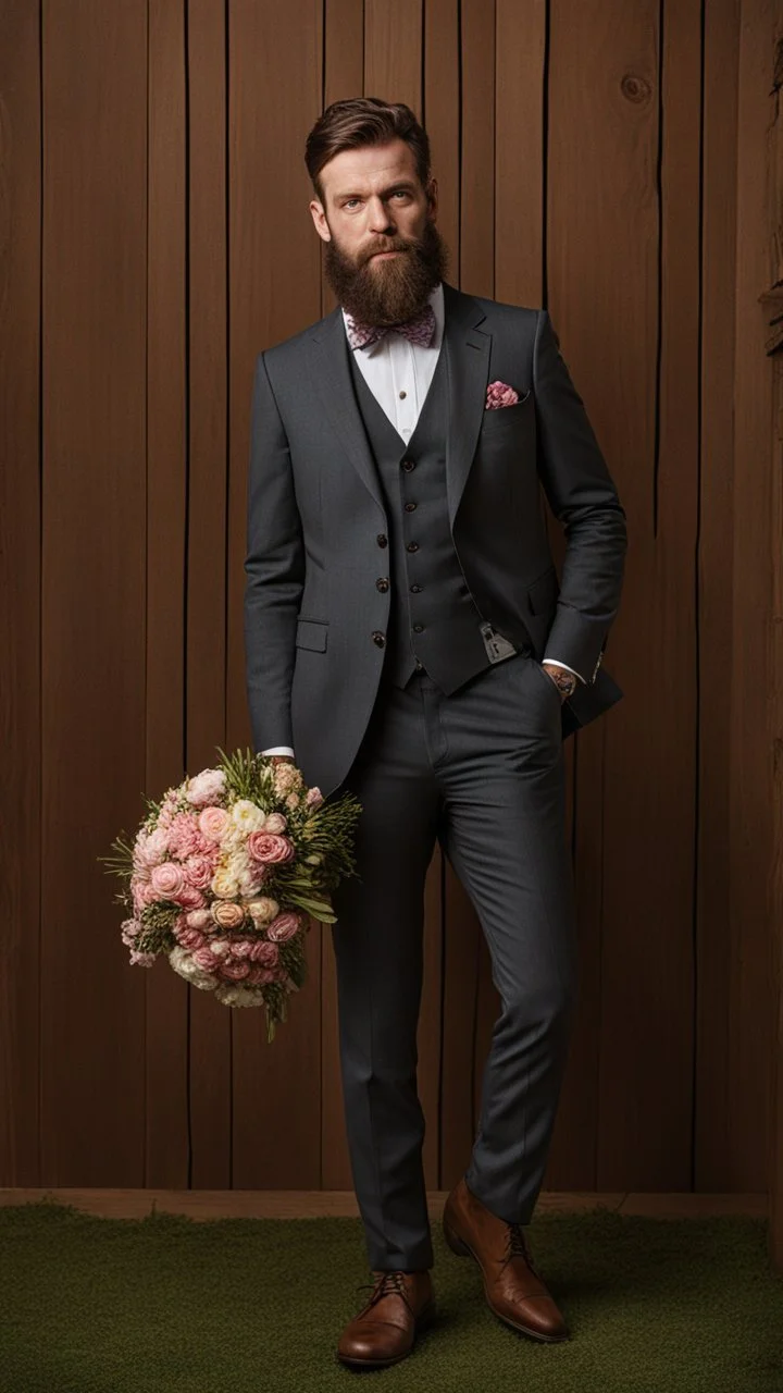 Man with medium beard in full suit holding a bouquet of flowers in a site environment in the background of a wooden wall