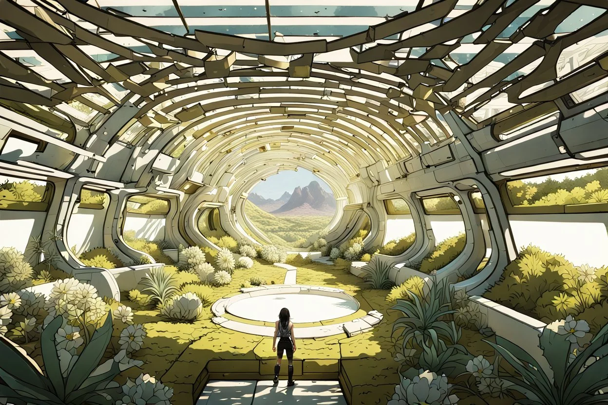 Unground underpunk and solarpunk tunnels, cinematic, extreme dof, dystopian, sci-fi, award-winning, Yui working hard in a garden, National Geographic, breath taking, oxygen farm but outside is a desert, fantasy, magical, geometry