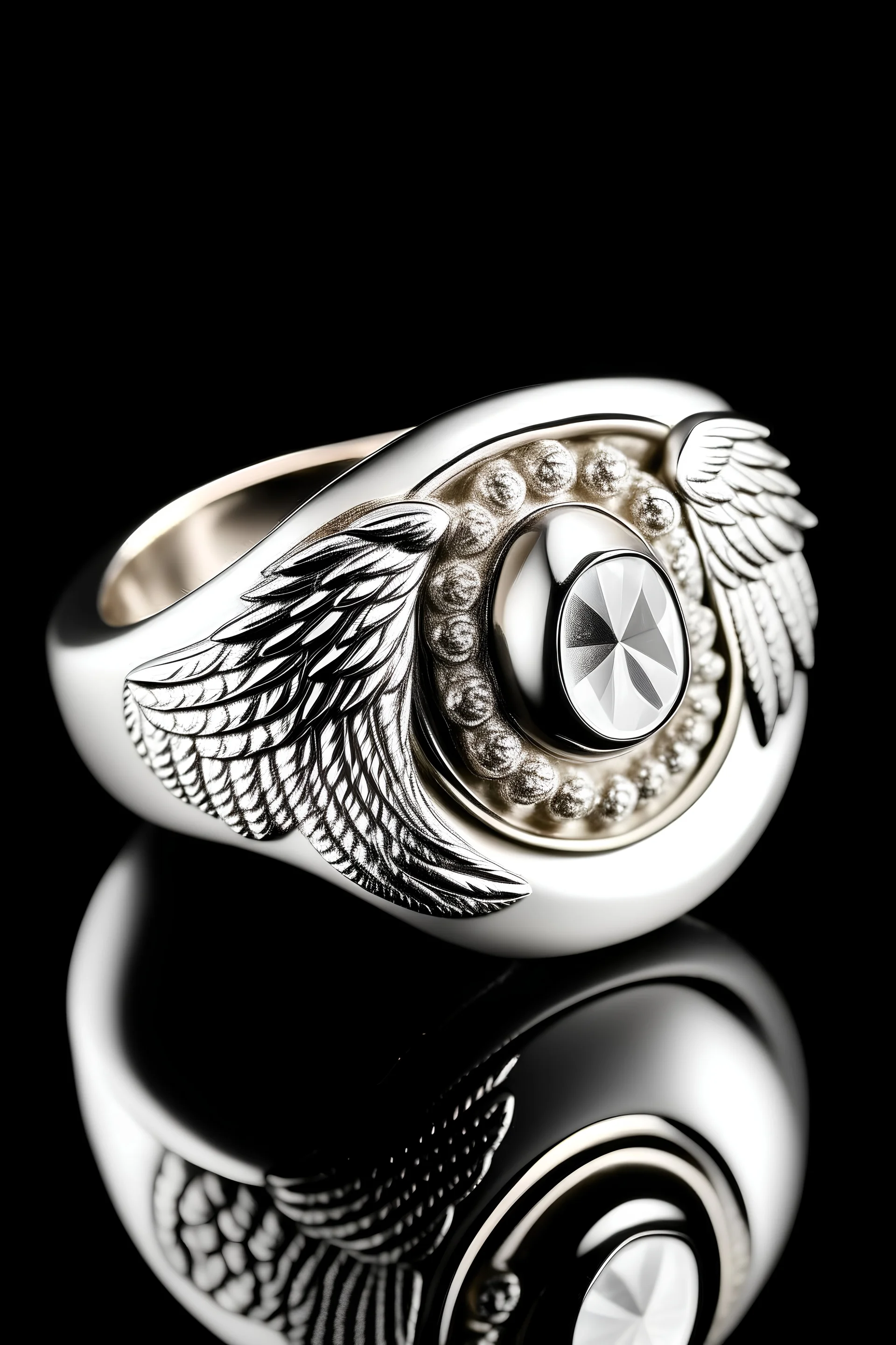 A white stone ring with an angel on it with wings .