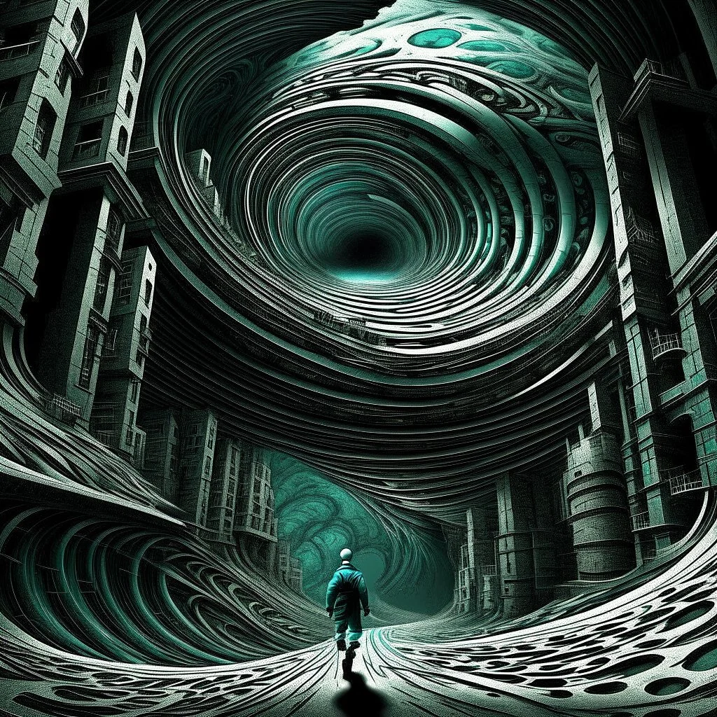 cosmic horror vortex opening up in city, by John Tenniel, surreal, Dark Cyan and gunmetal grey, and dark white,