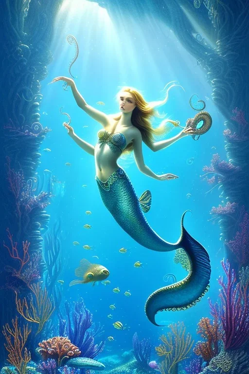 underwater scene, a mermaid, one cute octopus, beautiful colors, fish, very fine detail, high quality, mystical, romanticism, intricate, Neo-Impressionism,