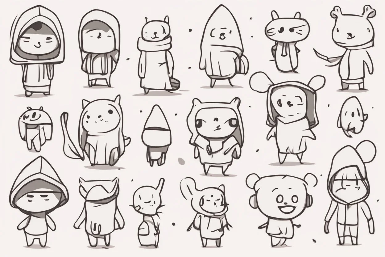 6 simple shaped hand drawn cartoon characters that are cute dark and have hoodies