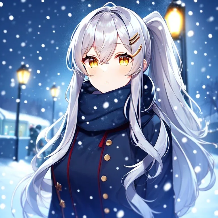 girl, masterpiece, best quality, cinematic lighting, detailed outfit, perfect eyes, silver hair, long hair, vibrant golden eyes, ponytail, messy hair, snowing, winter outfit, hairclip, depth of field,