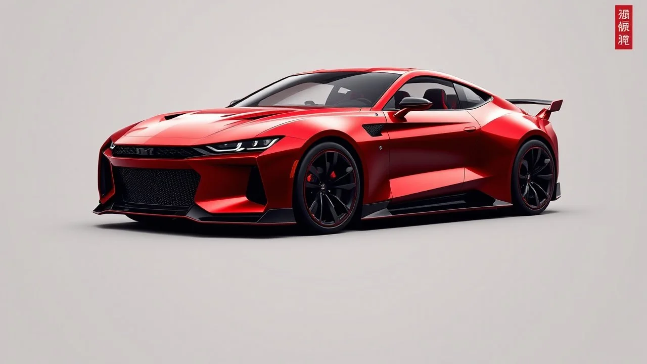 “Design a sleek, modern Chinese muscle car with a bold, aggressive stance. The car should feature a dark metallic red exterior with sharp, angular lines and a low, wide body. Equip it with prominent air vents, a black grille, and sporty alloy wheels. Add distinctive LED headlights and a rear spoiler. The interior should have high-tech digital displays, leather seats with red stitching, and a driver-focused cockpit. Emphasize a blend of traditional Chinese elements with cutting-edge design.”