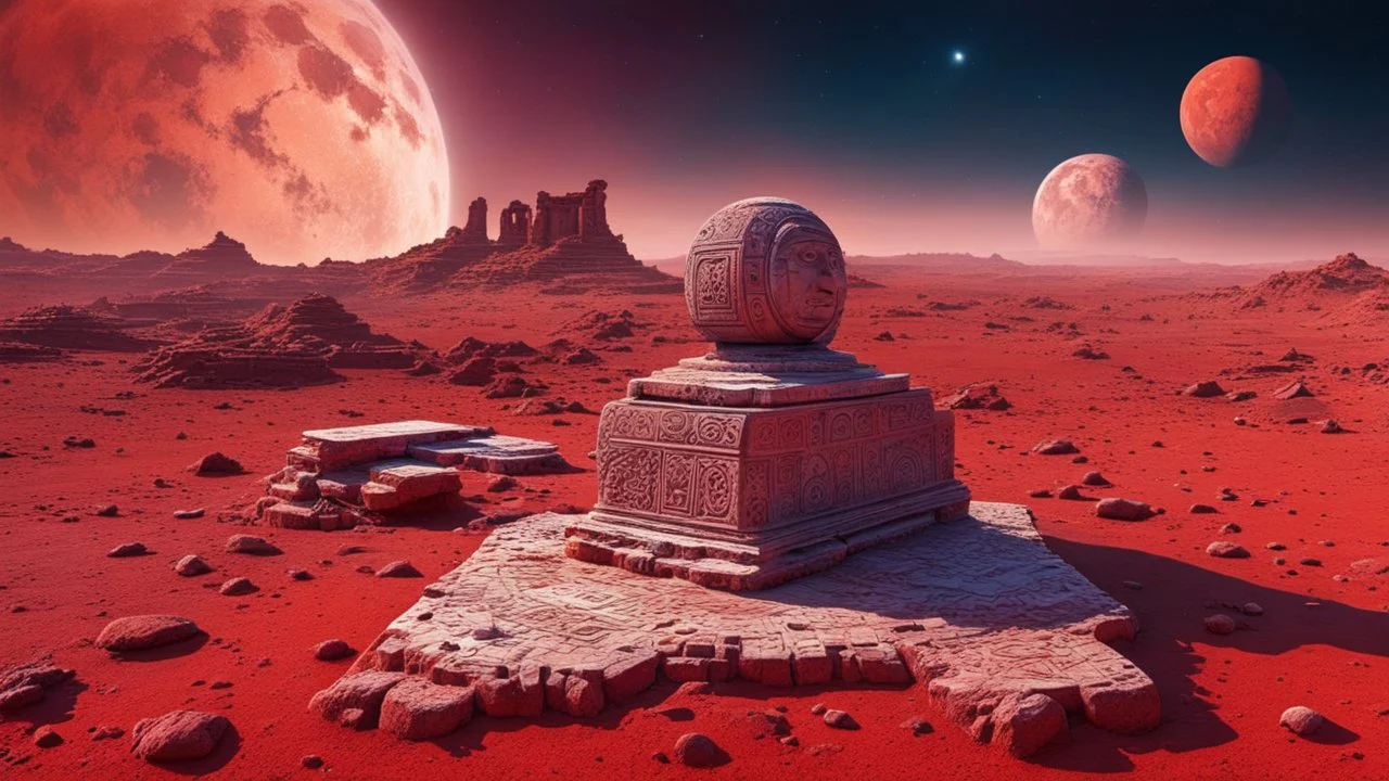 an ancient abstract nonfigurative statue with ancient signals from carved, polished marble blocks lies down on the red Mars planet, background ancient ruins, strange psychedelic sky, cold colors, mystic ancient art, very detailed, cinematic, sharp focus, sci-fi style, utopistic, surreal, psychedelic fantasy