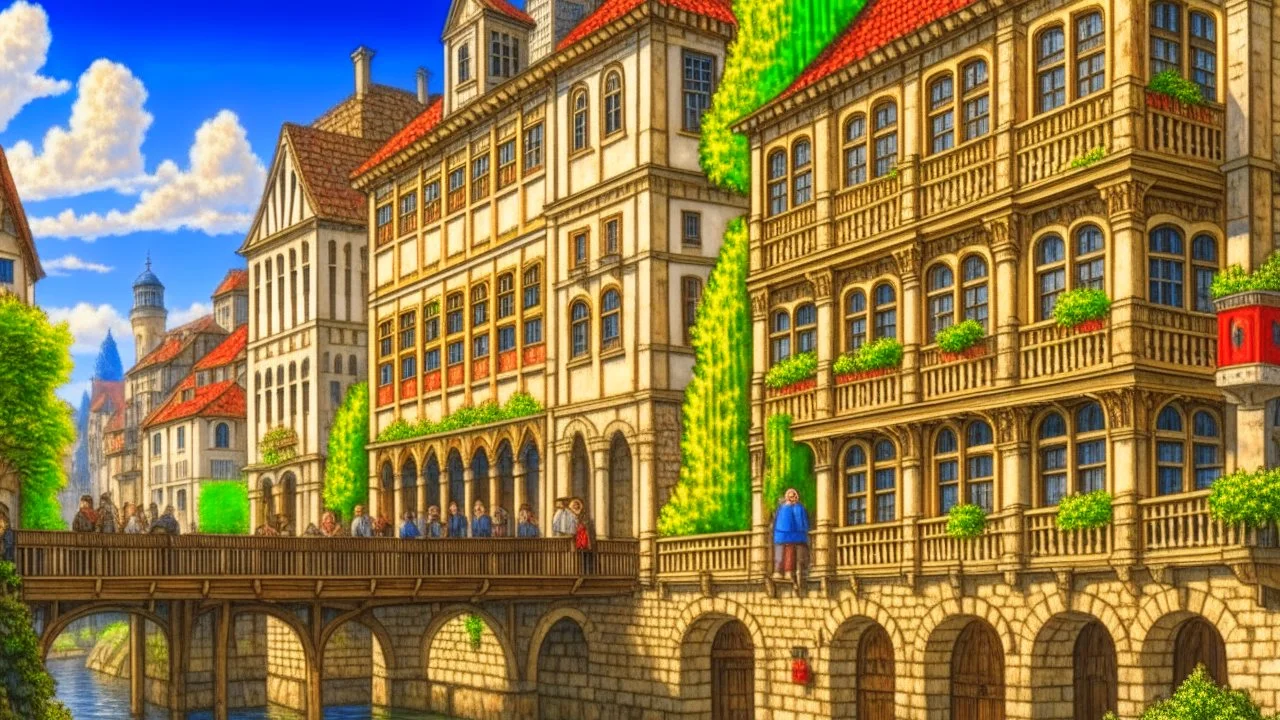 medieval buildings with balconies overhanging a river, blue sky and people, photorealism, trees, foliage, piers, intricate detail, ultra-sharp image, sharp focus