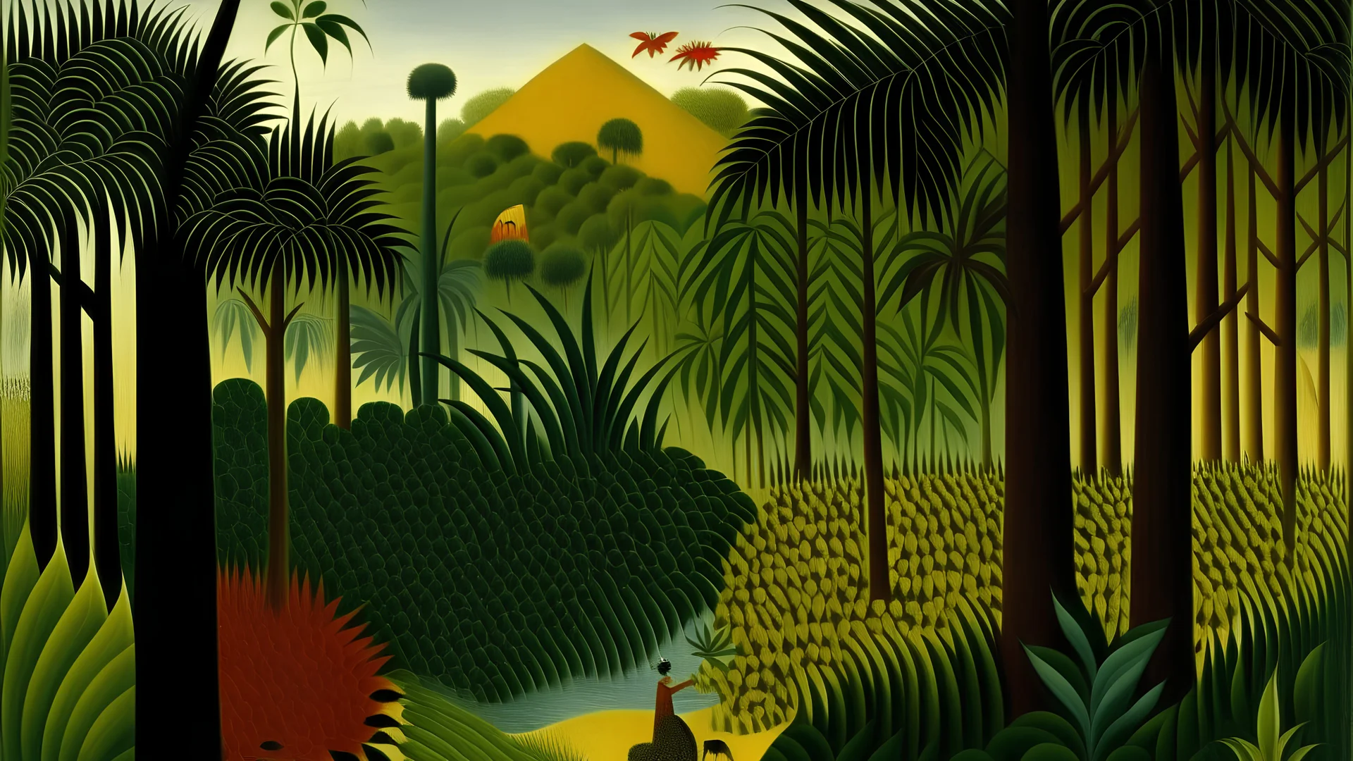 A rainforest in ancient Egyptian hieroglyphics painted by Henri Rousseau