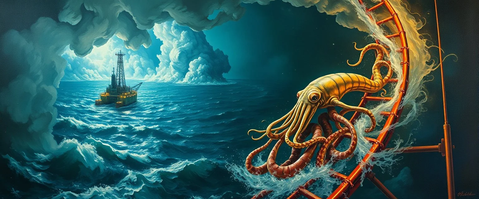 master oil painting by Rembrandt, roller coaster squid with some bad ass power off shore oil platform cyber punk people experiencing gravity at its worst